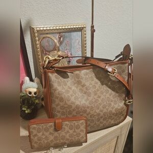 Coach Coated Canvas Tan Rust Signature Cary Shoulder Bag & Wallet Bundle